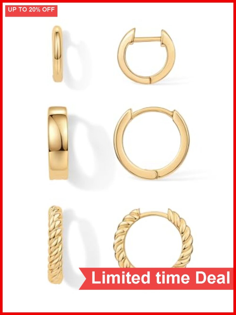 14K Gold Plated 3 Pair Huggie Earrings Set for Women Hypoallergenic